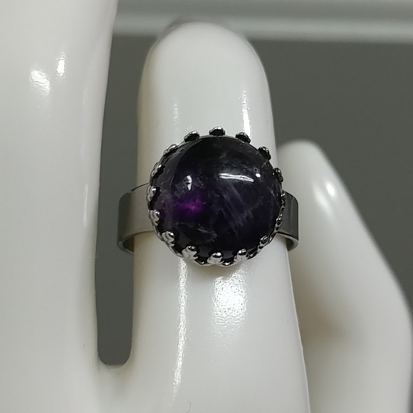 Amethyst Ring Natural Gemstone Adjustable Stainless-Steel Ring Amethyst Crystal - Picture 12 of 12